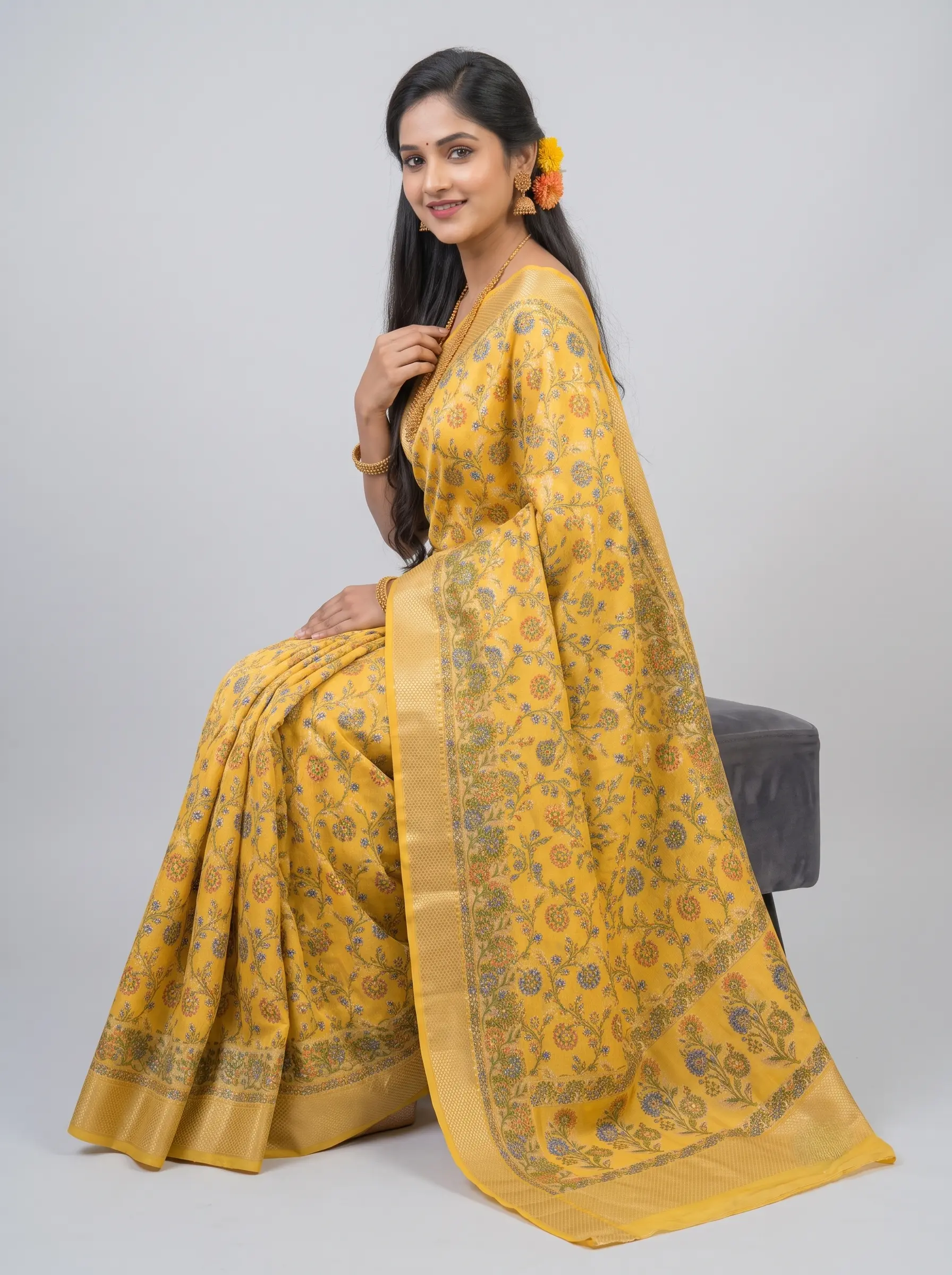 Mustard Yellow Katan Silk Saree with Floral Print & Elegant Zari Border - Image 2