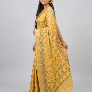 Mustard Yellow Katan Silk Saree with Floral Print & Elegant Zari Border