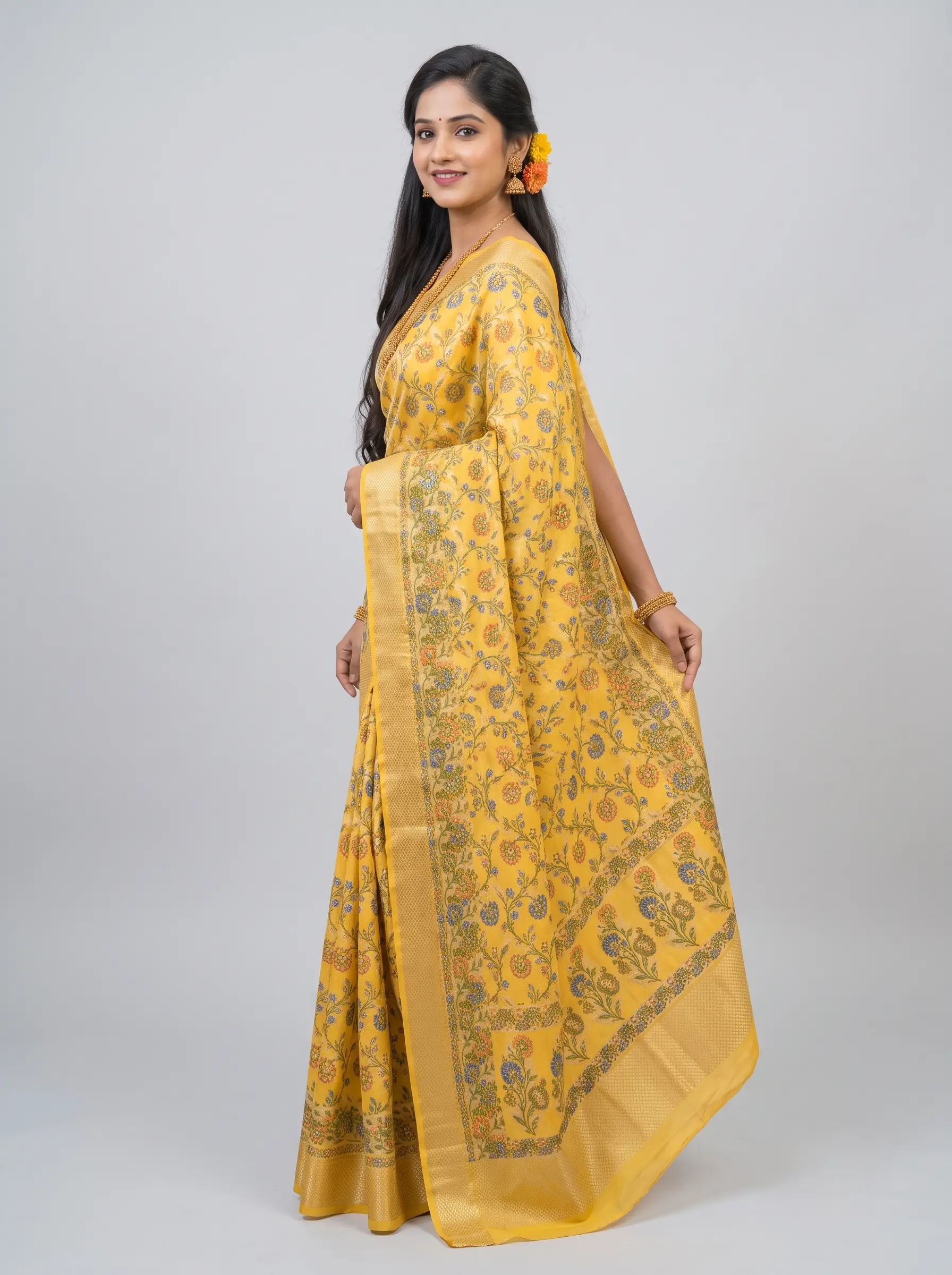 Mustard Yellow Katan Silk Saree with Floral Print & Elegant Zari Border