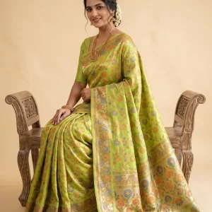 Green Katan Silk Saree with Floral Zari Weave & Rich Golden Border