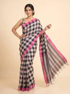 Pink & Grey Linen Check Saree with Woven Border