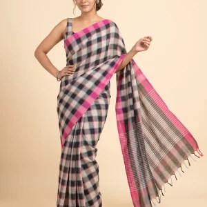 Pink & Grey Linen Check Saree with Woven Border