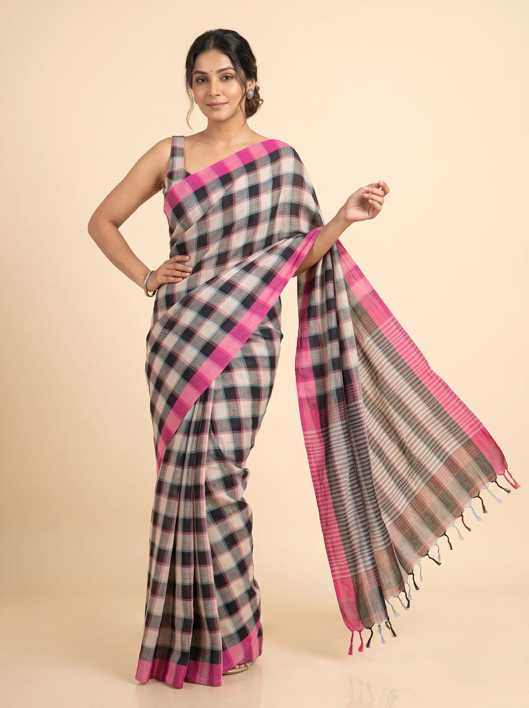 Pink & Grey Linen Check Saree with Woven Border