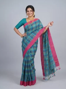 Blue & Teal Linen Check Saree with Pink Border