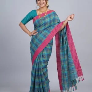 Blue & Teal Linen Check Saree with Pink Border