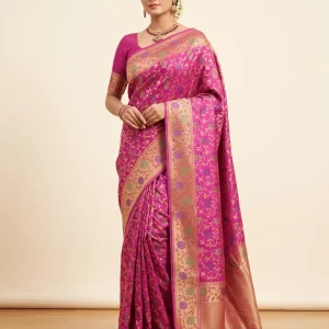 Pink Katan Silk Saree with Floral Zari Weave & Rich Golden Border