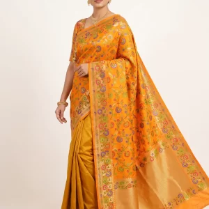 Orange Katan Silk Saree with Floral Zari Weave & Rich Golden Border