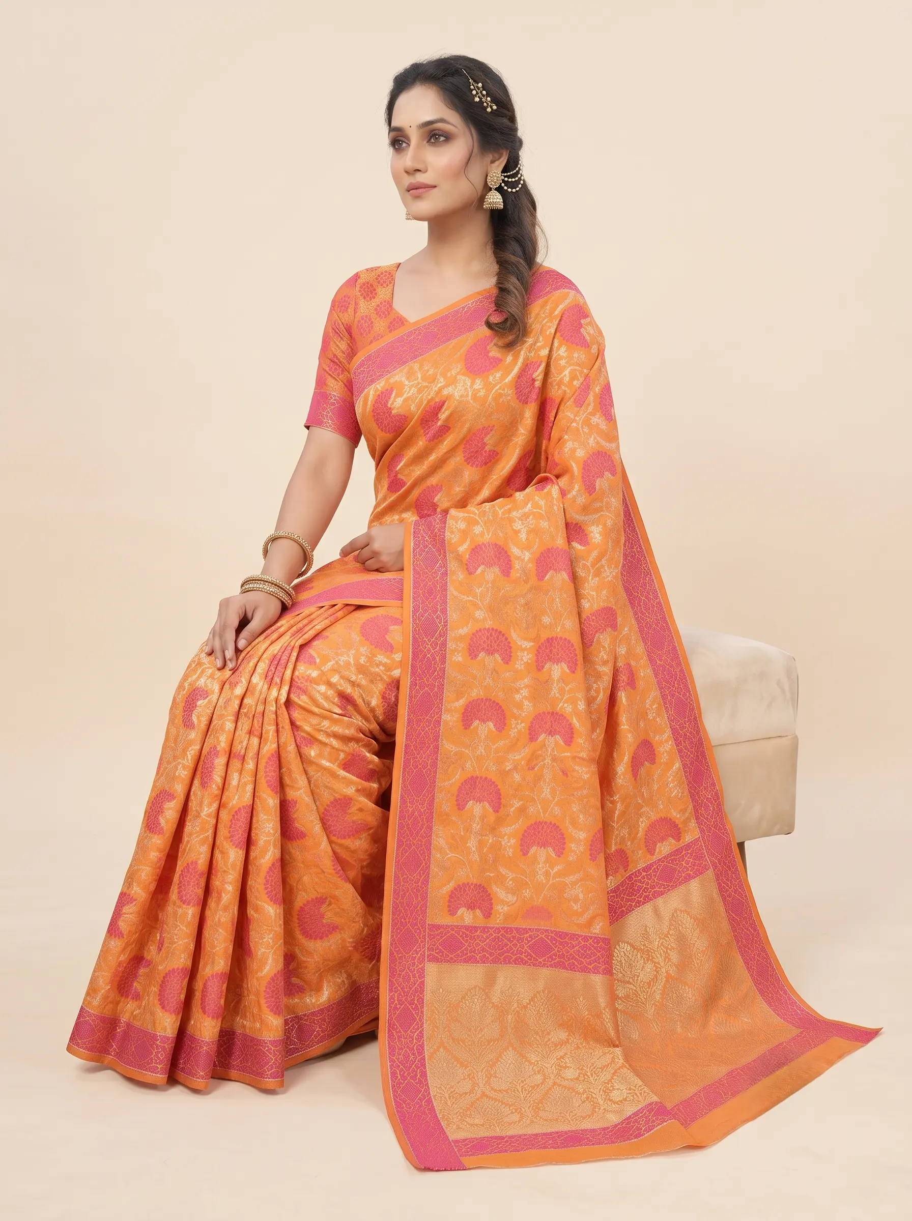 Orange Katan Silk Saree with Pink Floral Motifs & Woven Zari Border - Image 2