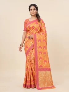 Orange Katan Silk Saree with Pink Floral Motifs & Woven Zari Border