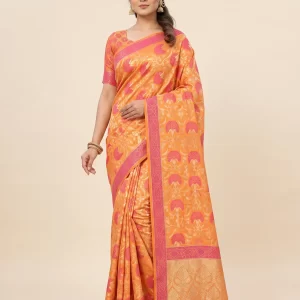 Orange Katan Silk Saree with Pink Floral Motifs & Woven Zari Border