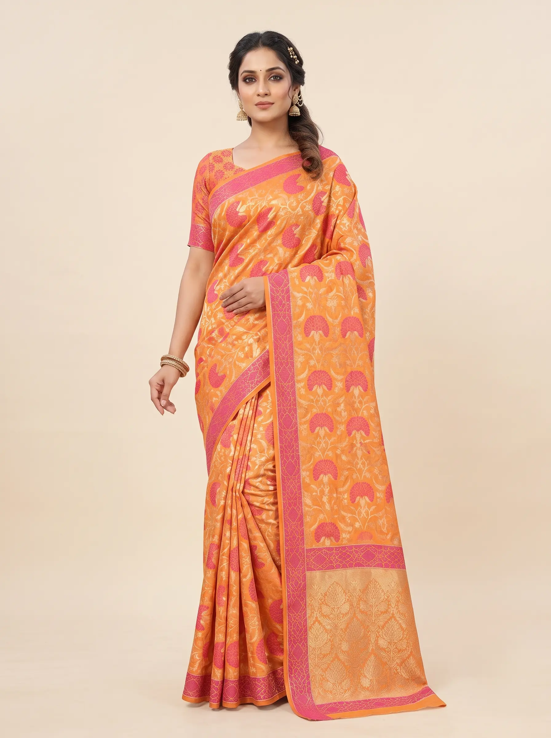 Orange Katan Silk Saree with Pink Floral Motifs & Woven Zari Border